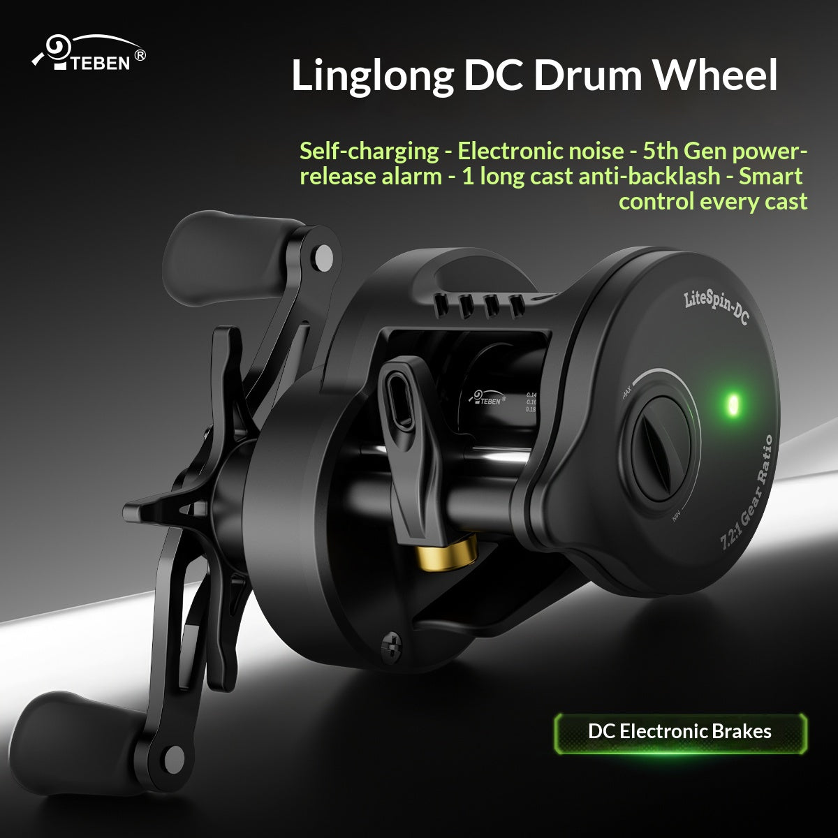 TEBEN LiteSpin-DC Baitcasting Reel | 155g, 12g Spool, Casts from 1.8g, DC Electronic Brake, 5+1 Double-Sealed BB, 7.2:1, Left/Right Hand