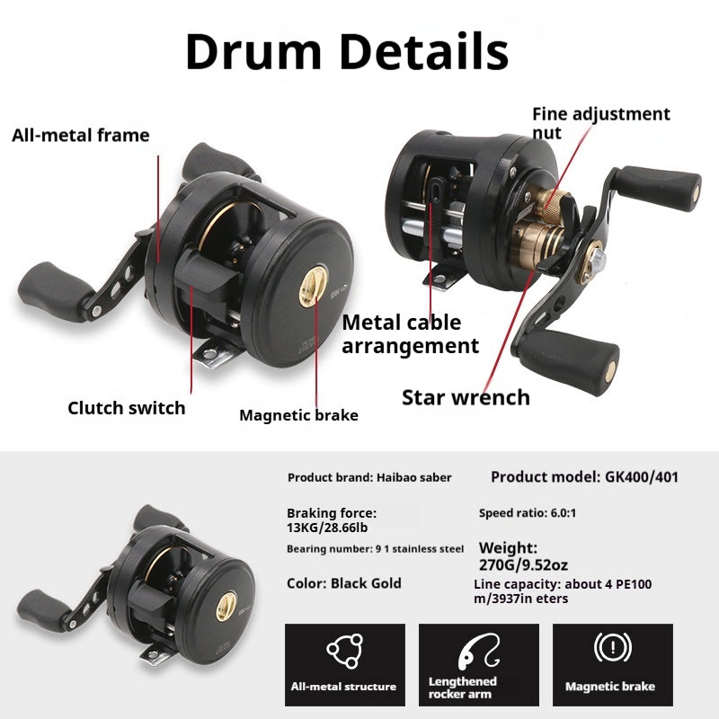 Haibao  GK400/GK401 Round Baitcasting Reel | Full Metal Frame, Magnetic Brake, 9+1SS BB, 13kg Drag, Left/Right Hand